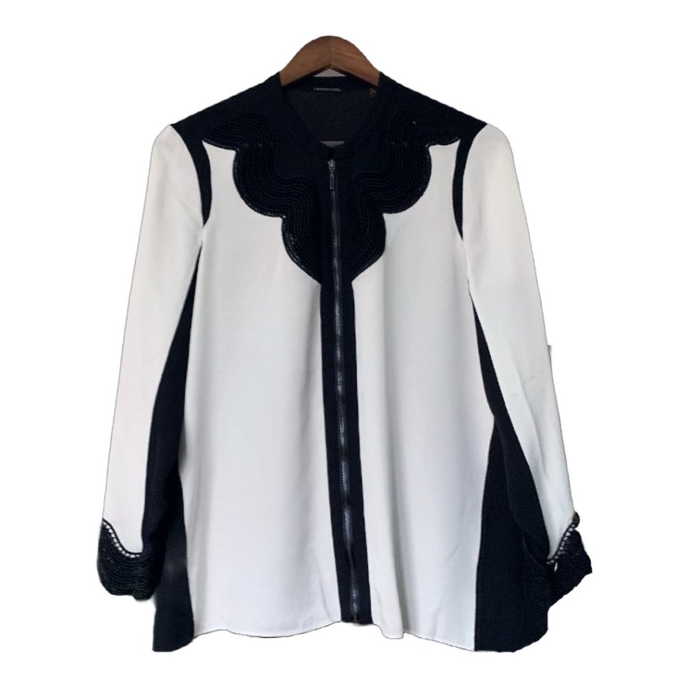 Silk Elie Tahari Black and White Zippered Blouse with Lace Detailing Women’s M